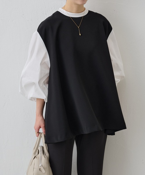 ビアズリー レイヤード風ボリューム袖ブラウス ブラック 洗える 長袖