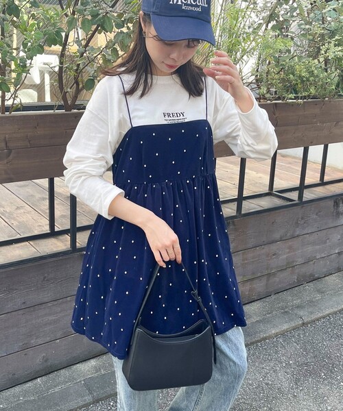 セール】《セットアップ対応》ベロアドット刺繍キャミブラウス