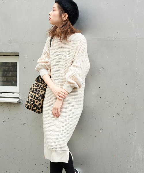 セール】ワッフル編み袖ケーブルニットワンピース（ワンピース