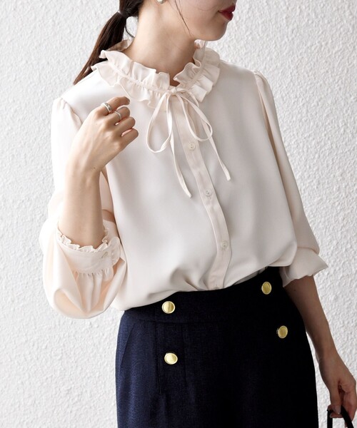 SHIPS any:〈洗濯機可能〉サテン フリル カラー リボン シャツ