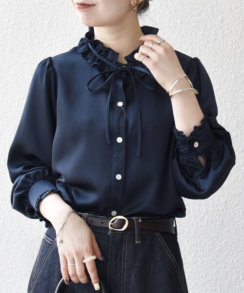 SHIPS any:〈洗濯機可能〉サテン フリル カラー リボン シャツ