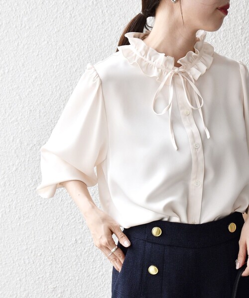 SHIPS any:〈洗濯機可能〉サテン フリル カラー リボン シャツ