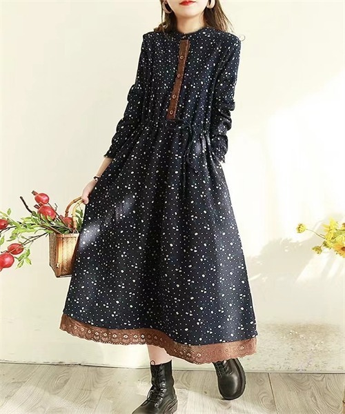 セール】刺繍レース使い ウエストマーク 花柄ワンピース（ワンピース