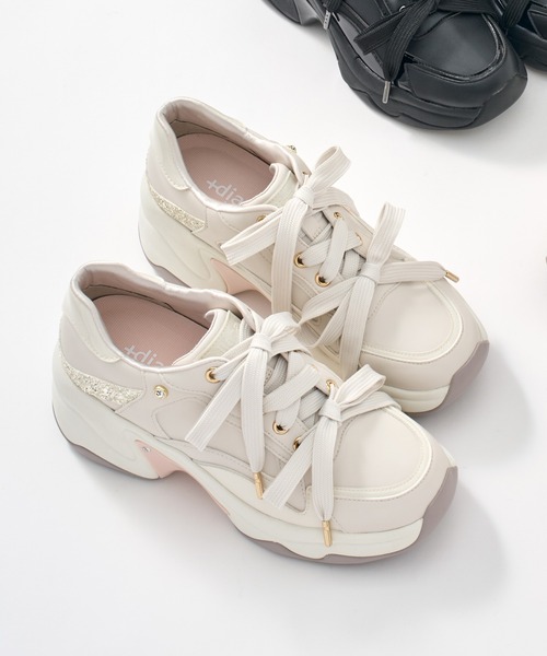 ビジュー付き ダブルリボン厚底スニーカー（スニーカー）｜+diana