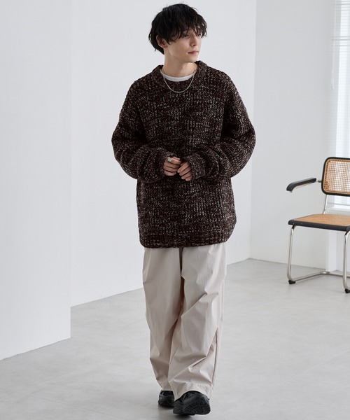 ローゲージミックスニット ビックシルエットクルーネックプルオーバー