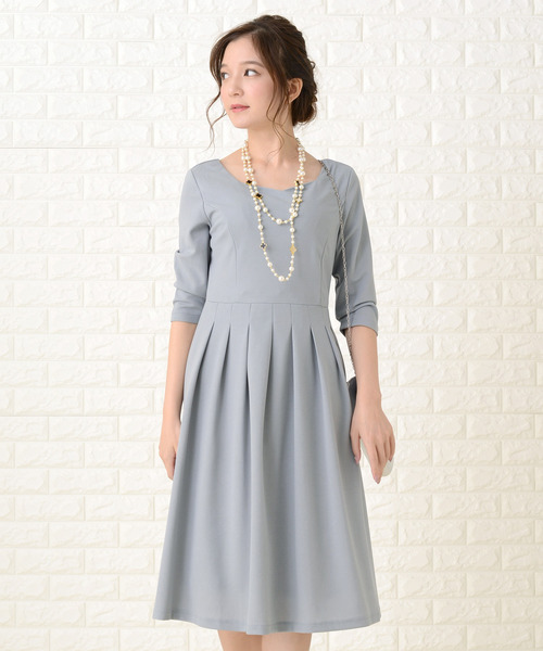 セール】七分袖フレアスカラップネックシンプルワンピース・ドレス