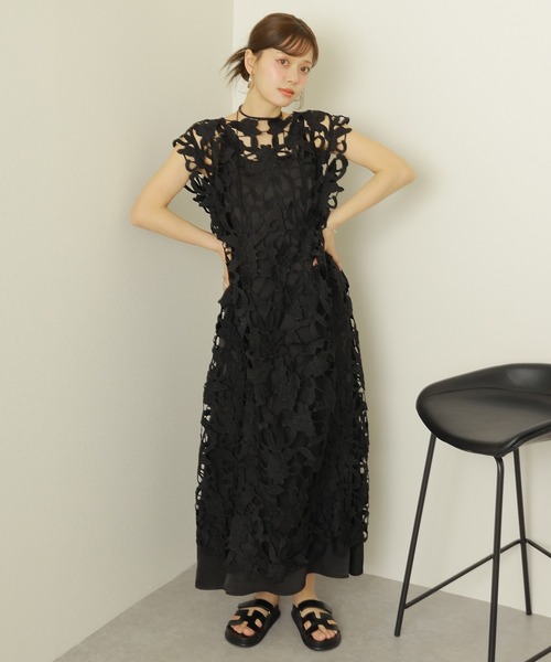 flower cutwork layered dress /フラワー カットワーク ノースリーブ