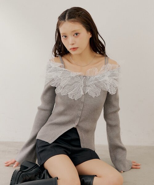 SALON by Chico】フラワーレースオフショルリブデザインニット