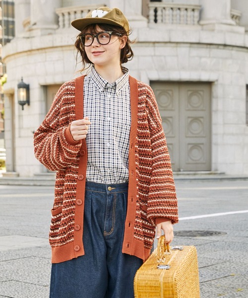 透かし編みマルチボーダーVネックニットカーディガン（カーディガン