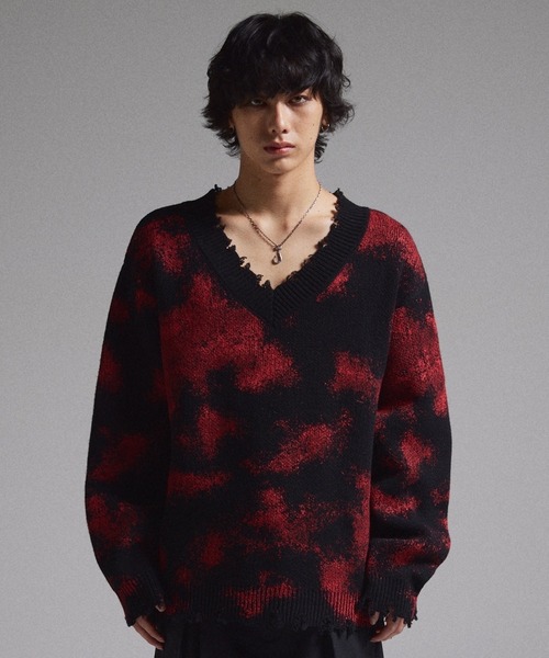 GRANCY】Spray Damaged V-neck Wool Knit / スプレーダメージVネック