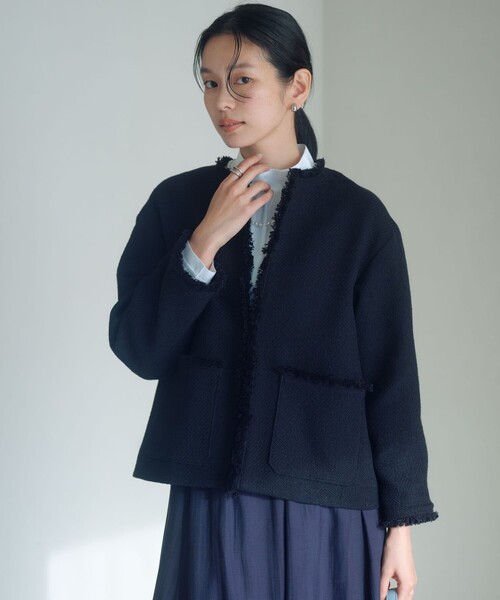 size SHORTあり］ミックス ツイードライク ポケット ノーカラー