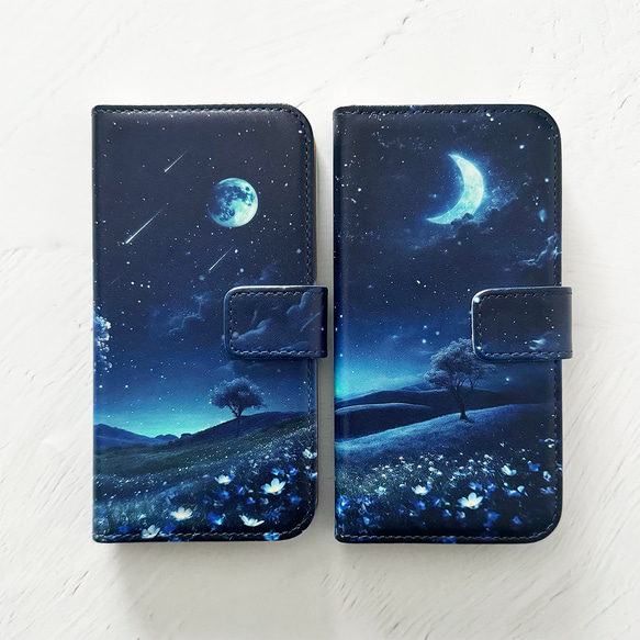 月が輝くネモフィラ畑の幻想世界 手帳型スマホケース iPhoneケース 全