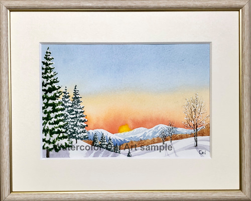 透明水彩画 原画 「雪原の朝焼け02」額縁付 風景画 F4サイズ 透明