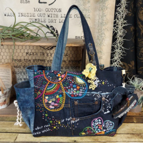 刺繍デニムバック No.554 デニムリメイク ショルダーバッグ サイド