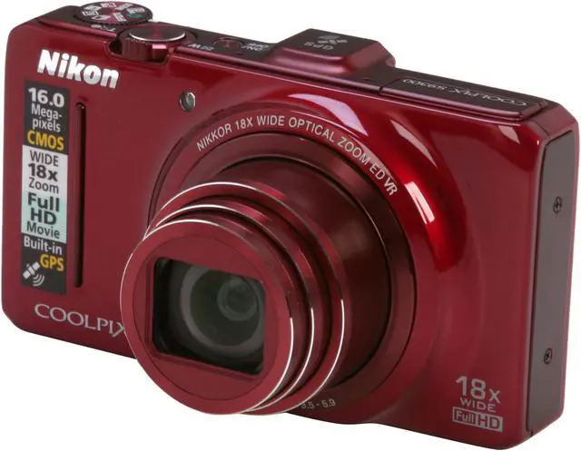 Nikon Coolpix S9300 Red 16 MP 25mm Wide Angle Digital Camera HDTV
