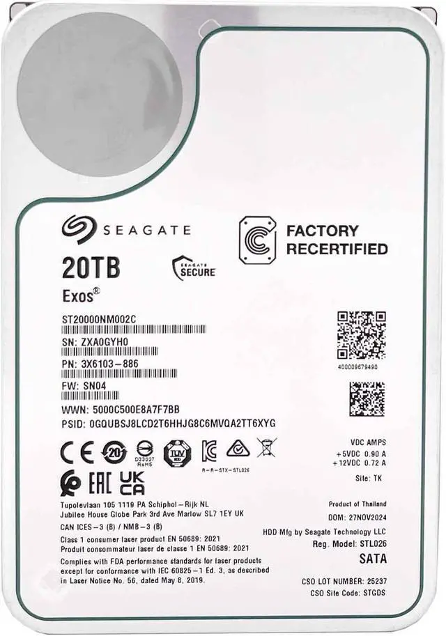 Refurbished: Seagate Exos ST20000NM002C 20TB 7200RPM SATA 6Gb/s