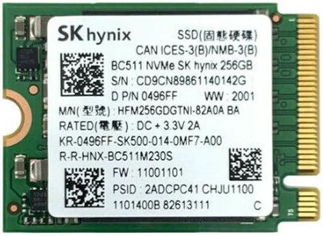 SK hynix BC511 256GB PCIe NVMe M.2 2230 Gen 3 x 4 SSD, 0496FF