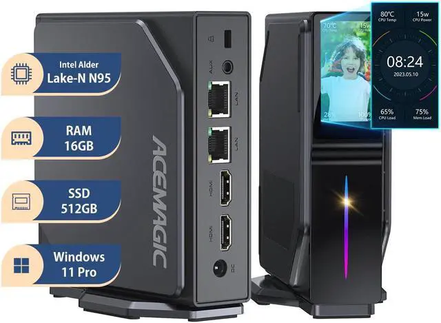 ACEMAGIC Mini PC Desktop Dual Nic with DIY LCD Display & Magnetic