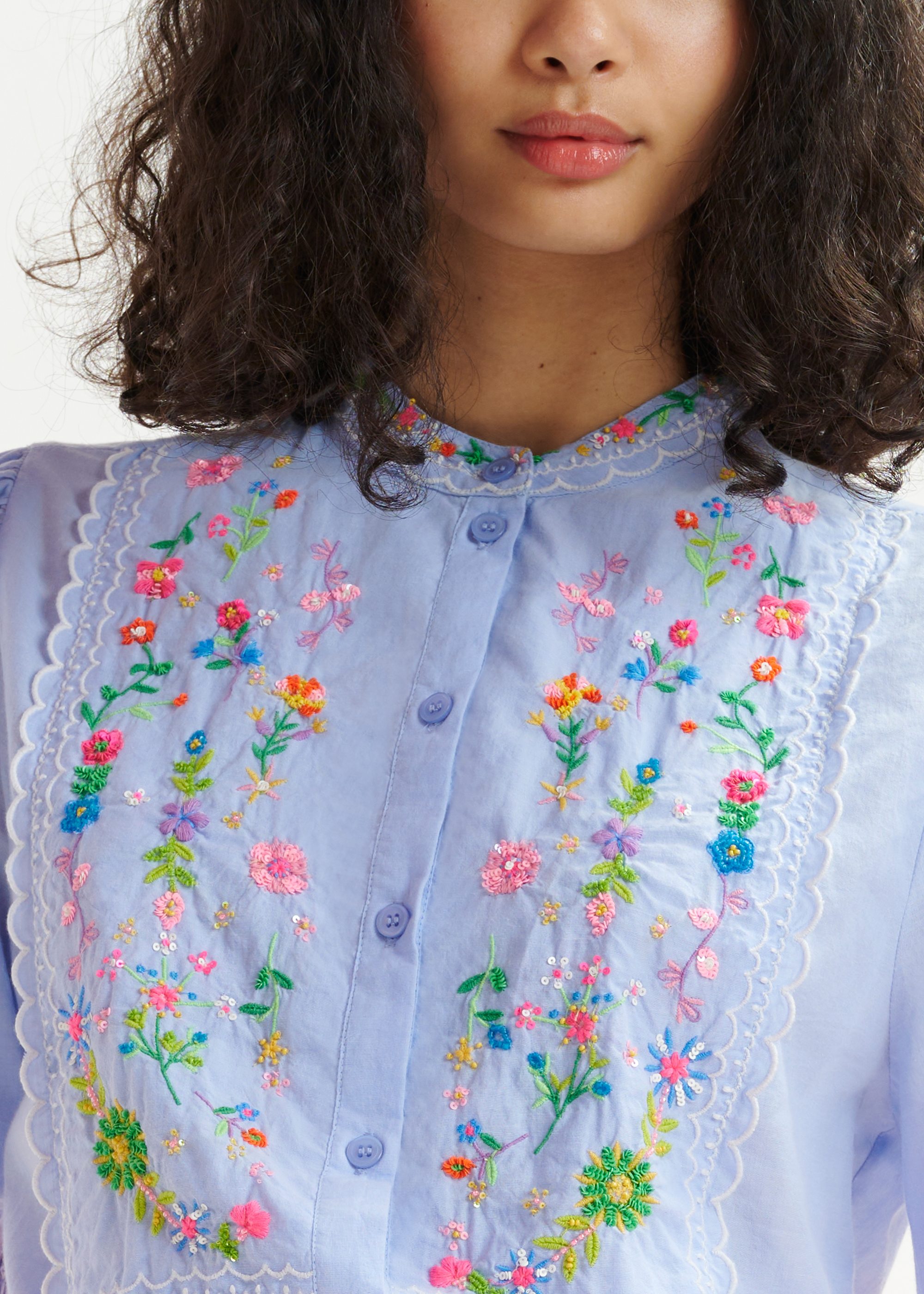 Light blue, green and pink floral embroidered shirt with mandarin