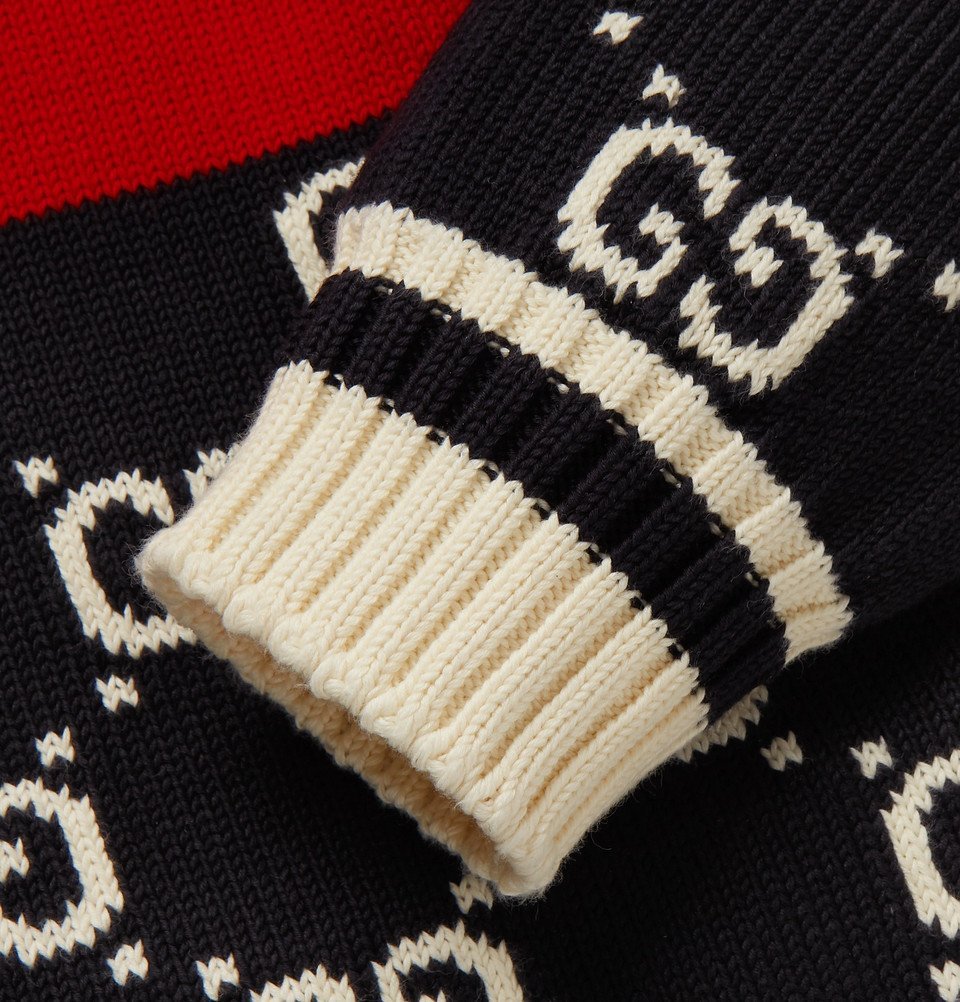 Gucci - Logo-Intarsia Striped Cotton Zip-Up Sweater - Men - Navy Gucci