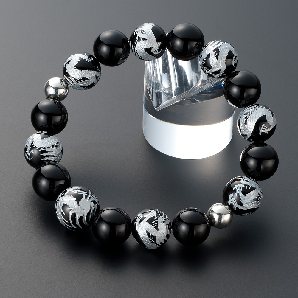 特選腕輪念珠 天然石ブレスレット 黒オニキス 龍彫り仕立 12mm玉 2天