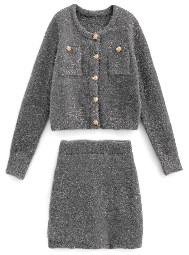 ラメフェザーニットカーディガン×ミニスカートセットアップ[kz617