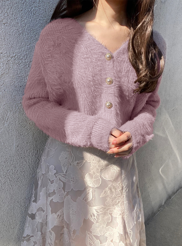 ショート丈パールボタンシャギーニットカーディガン[kz114a