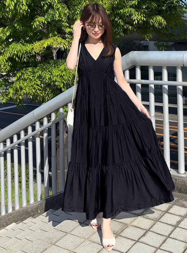 リボン付きVネックノースリーブティアードワンピース[k8975a