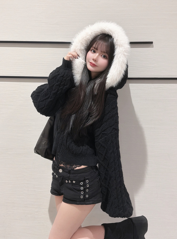 ファーフードケーブル編みニットパーカー[mb1627] | レディース