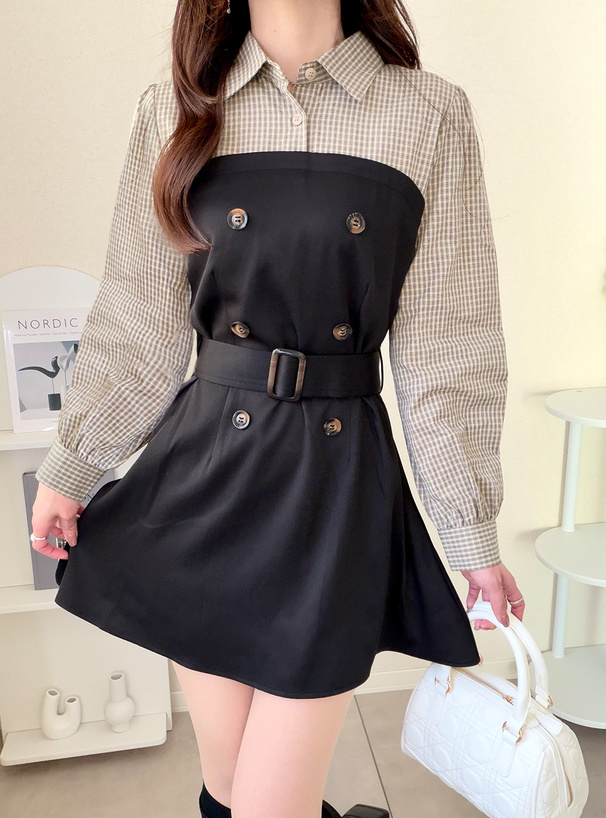 ベルト付きチェック柄シャツドッキングミニワンピース[pu75