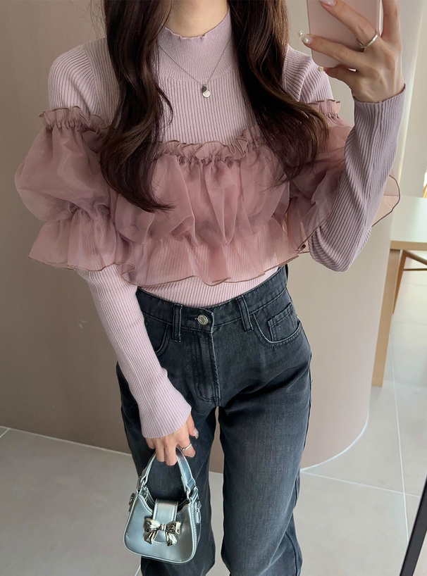 オフショルチュールブラウス×ニットトップスアンサンブル[ru1108