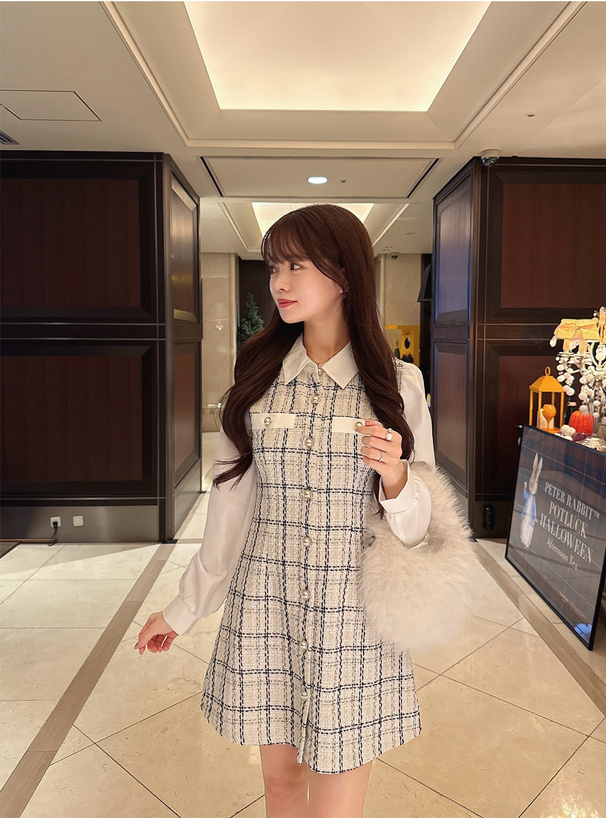 配色襟ツイードチェック柄ミニワンピース[tg905] | レディース