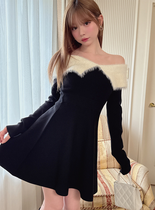 フェザーオフショルカラーフレアニットミニワンピース[tu1276