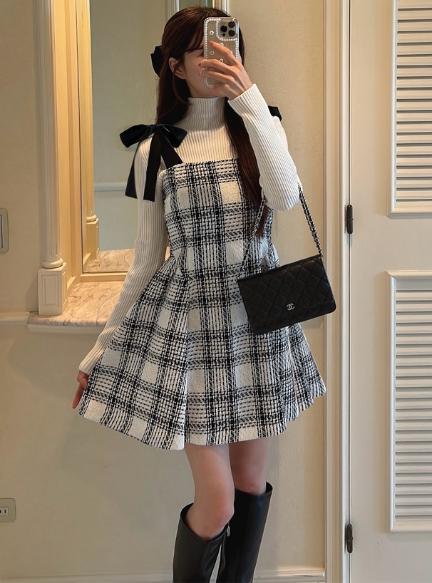 ツイードチェックショルダーリボンミニワンピース[tu1417