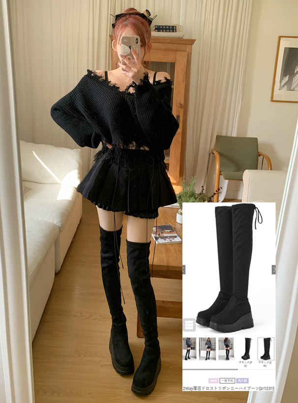 2Way厚底ドロストリボンニーハイブーツ[zr1231] | レディース