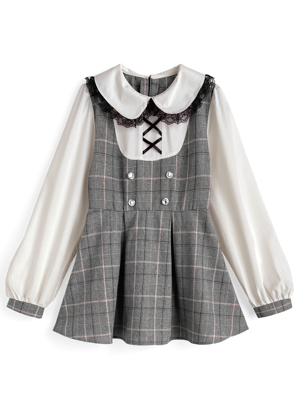 チェック柄レイヤード風チュニック×フリルショートパンツセットアップ