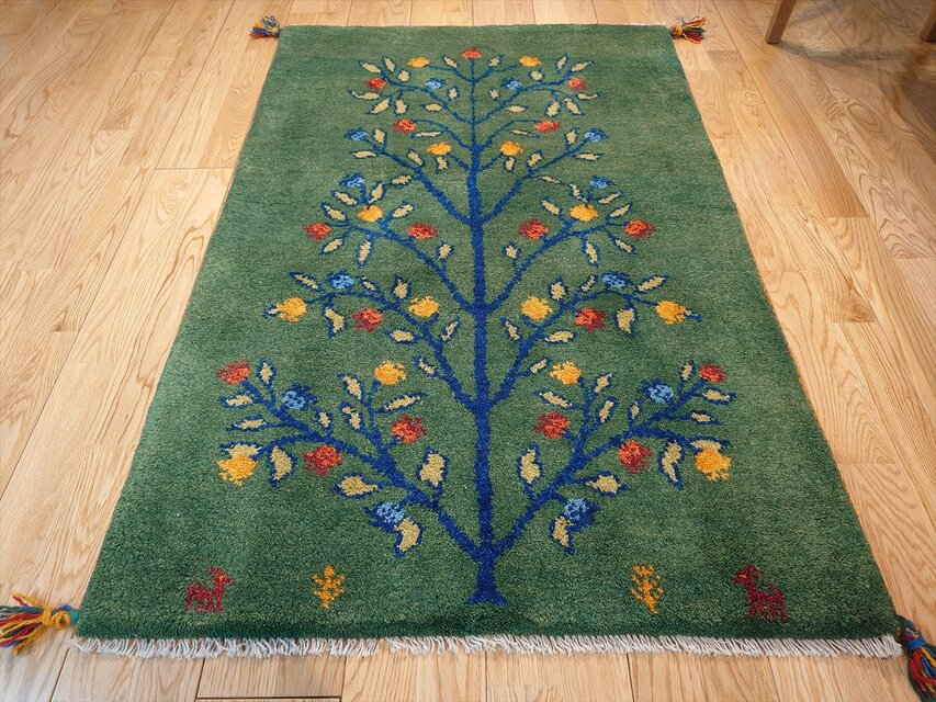 ペルシャ ギャッベ 玄関マット大 ウール 120x78cm 緑色 生命の木