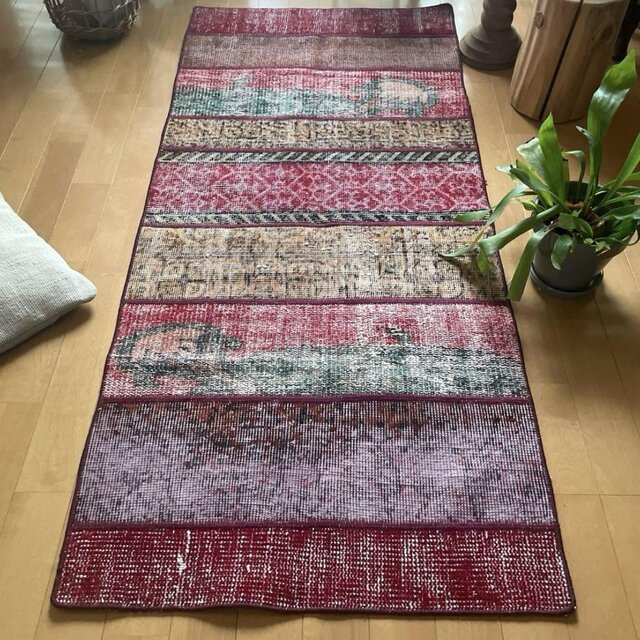 62.5×142 パッチワークラグ ボルドーステッチ トルコヴィンテージラグ