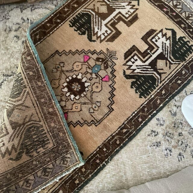 50×97淡いキャメル グリーン メダリオン トルコヴィンテージラグ