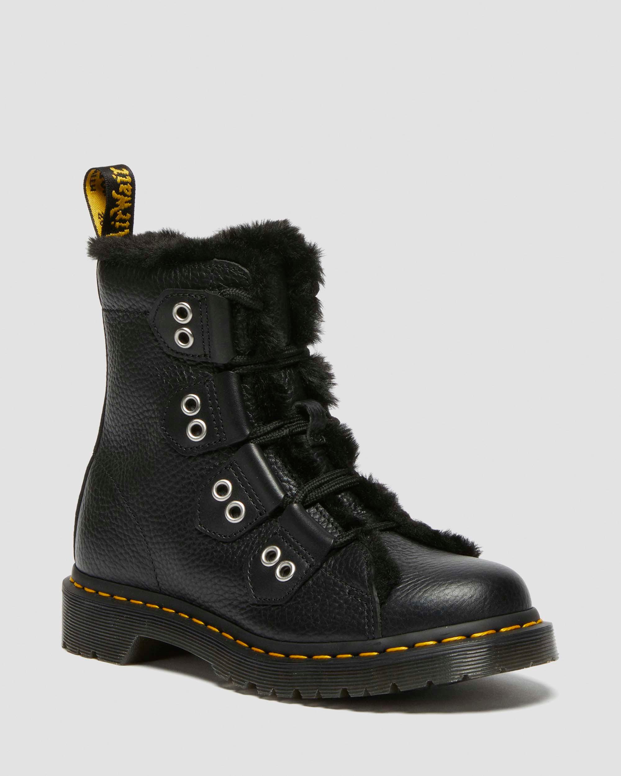 1460 Faux Fur Lined Leather Lace Up Boots in Black | Dr. Martens