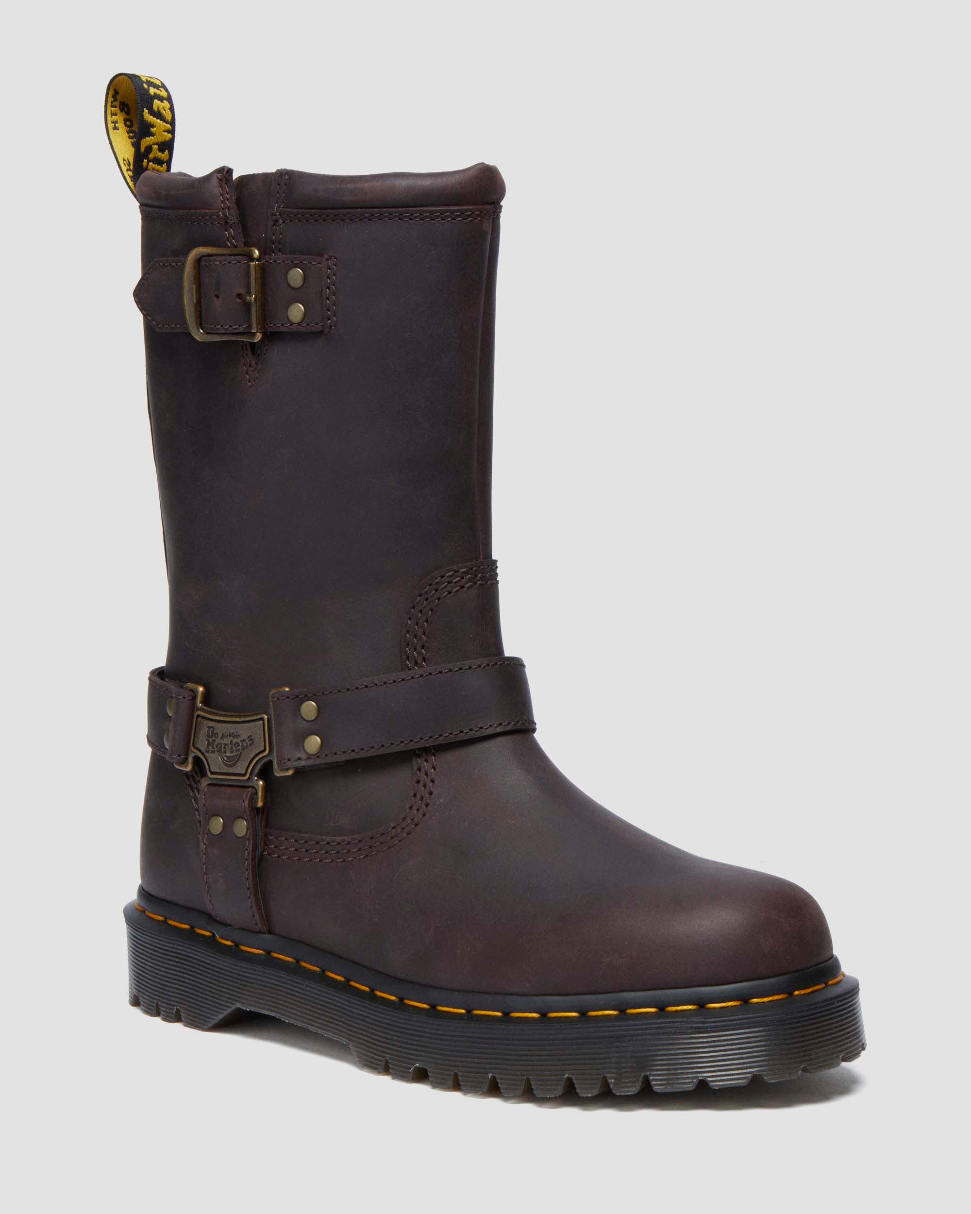 Anistone Hi Leather Biker Boots in Dark Brown | Dr. Martens