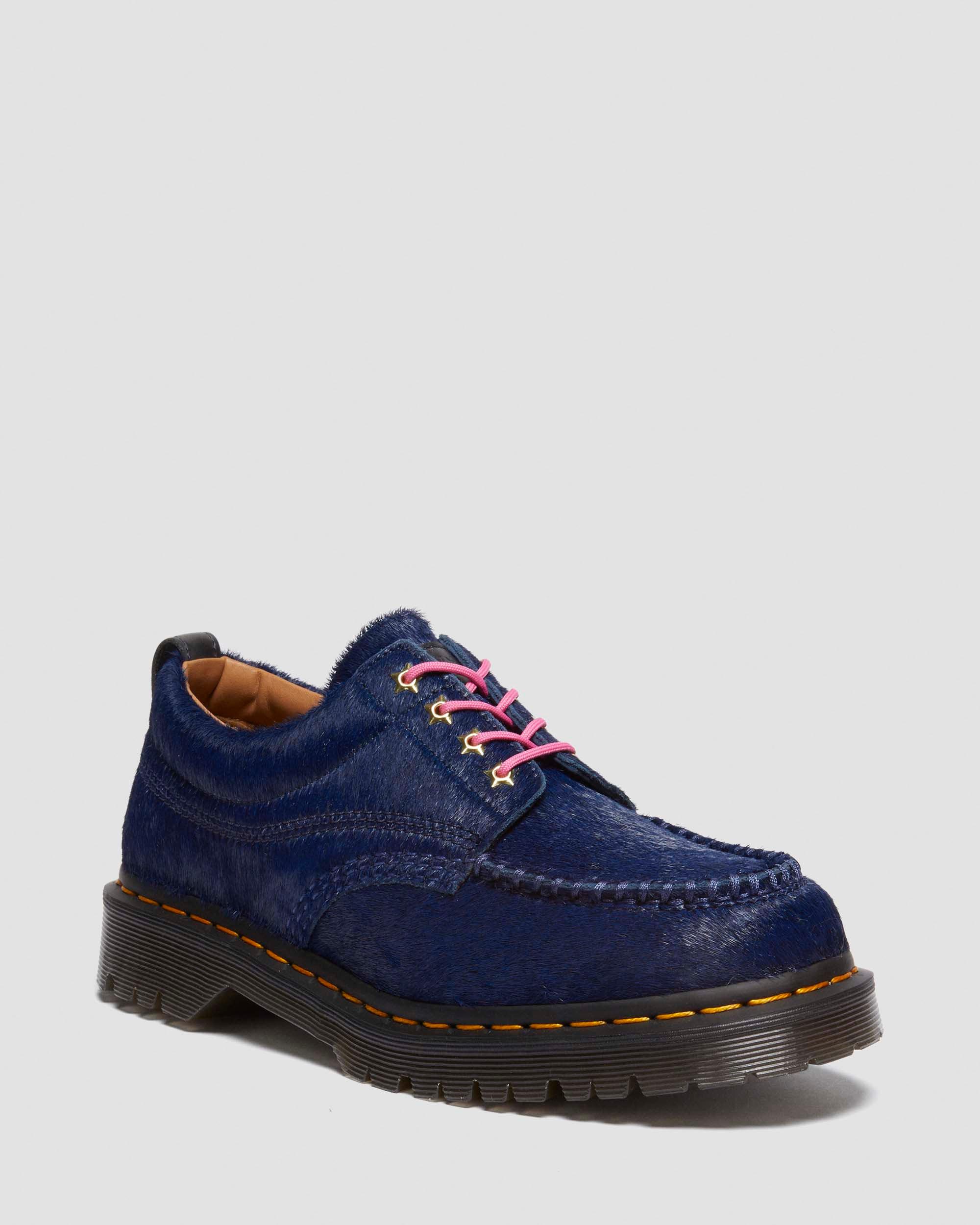 Lowell Awake Hair-On Leather Moc Toe Shoes in Navy | Dr. Martens
