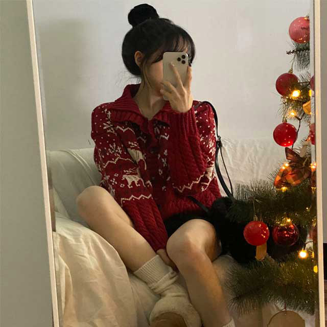 3color] クリスマスヴィンテージノルディック柄カーディガン