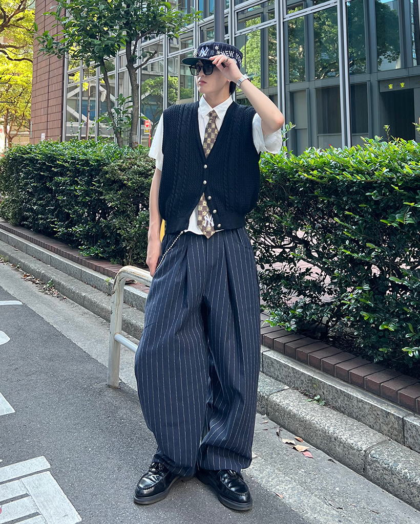 ユニセックス)ワイドフィットリネンストライプパンツ | ファッション