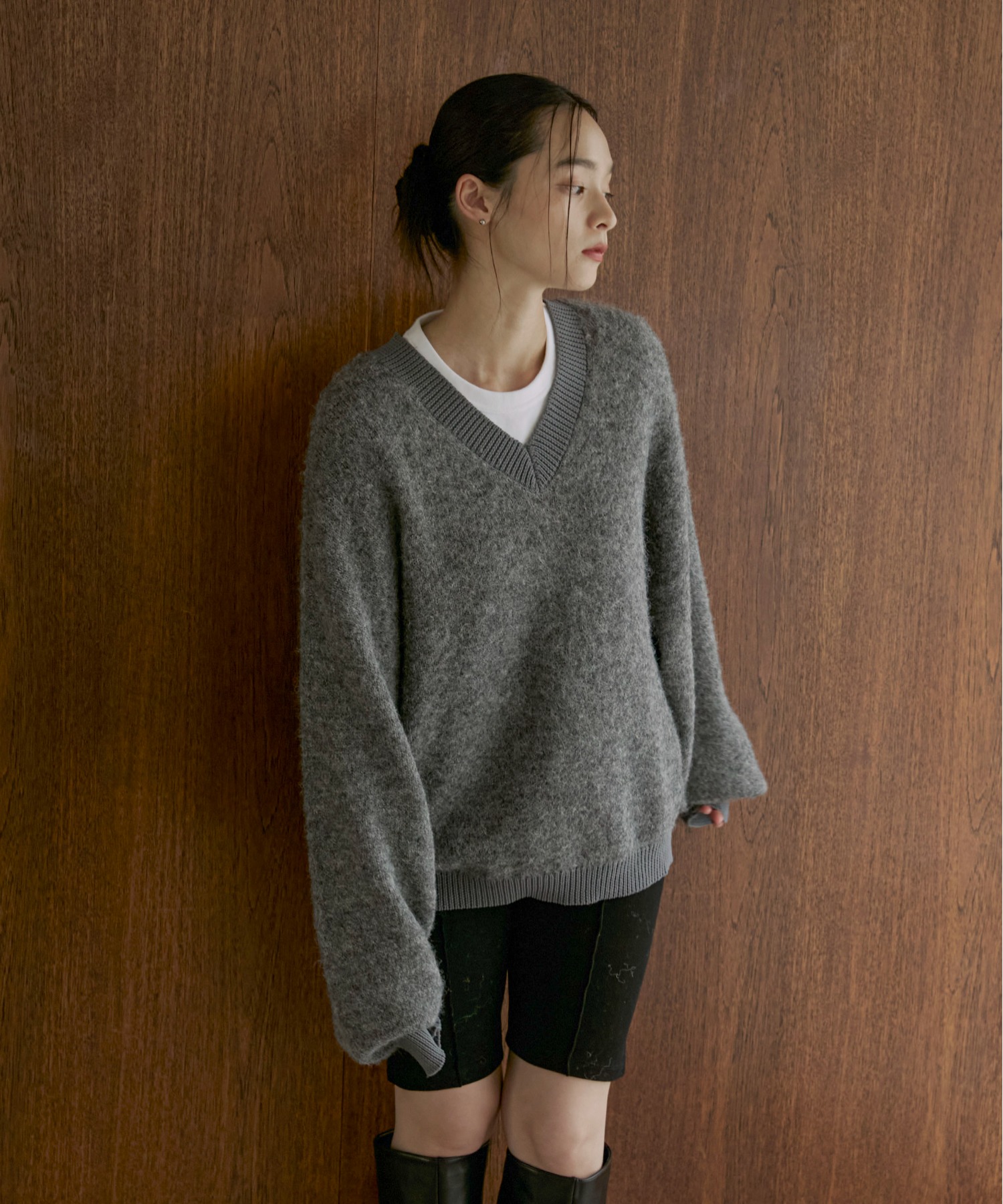 ハンドウォッシャブル】ウール混リブ異素材起毛Vネックニット