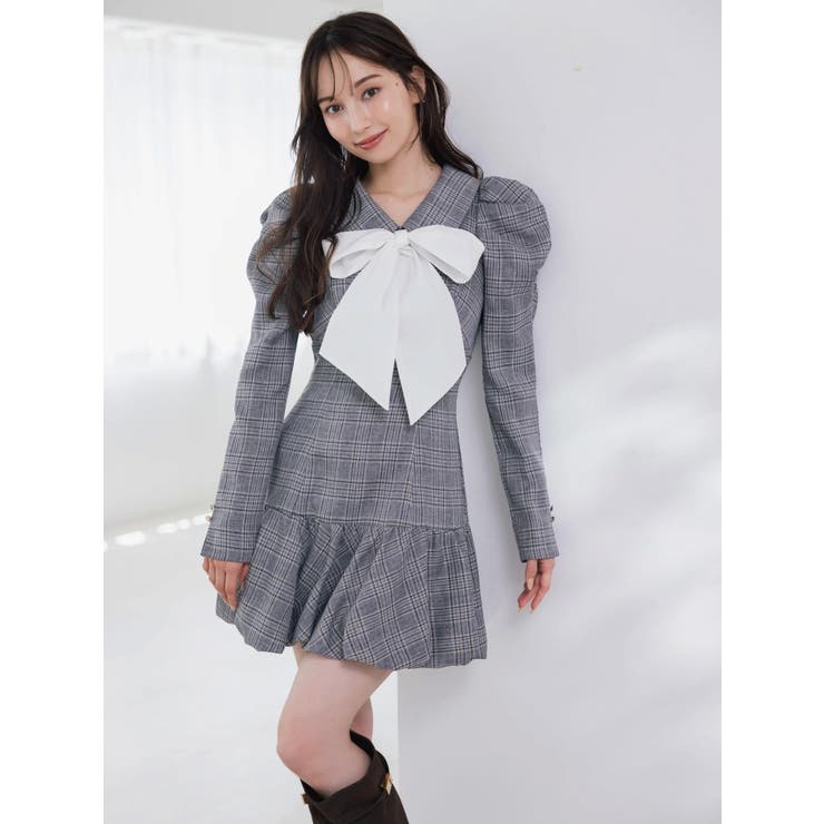 バルーンチェックミニワンピース[品番：MKSW0067150]｜dazzlin