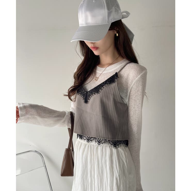 レースデザイン ストライプ キャミソール[品番：ORGW0009028]｜Ada