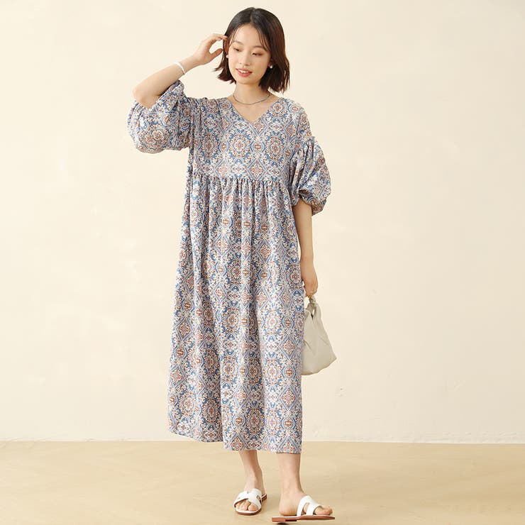 ワンピース 半袖 ロングワンピ エスニック フレアワンピース[品番