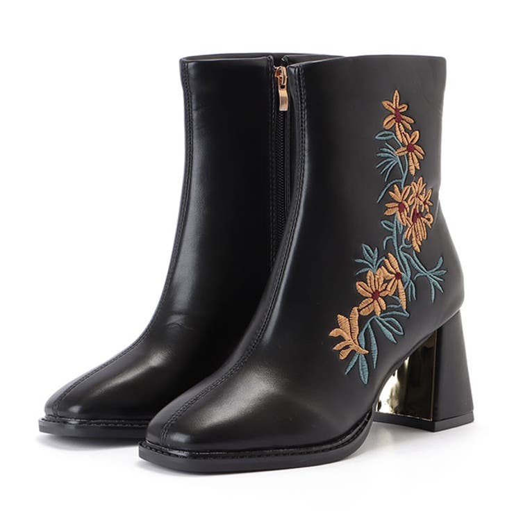 花柄刺繍チャンキーショートブーツ 女性 レディース[品番：LCLW0004784