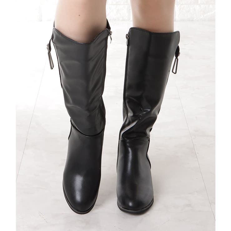 サイドファスナー付きベーシックロングレザーブーツ 女性 レディース